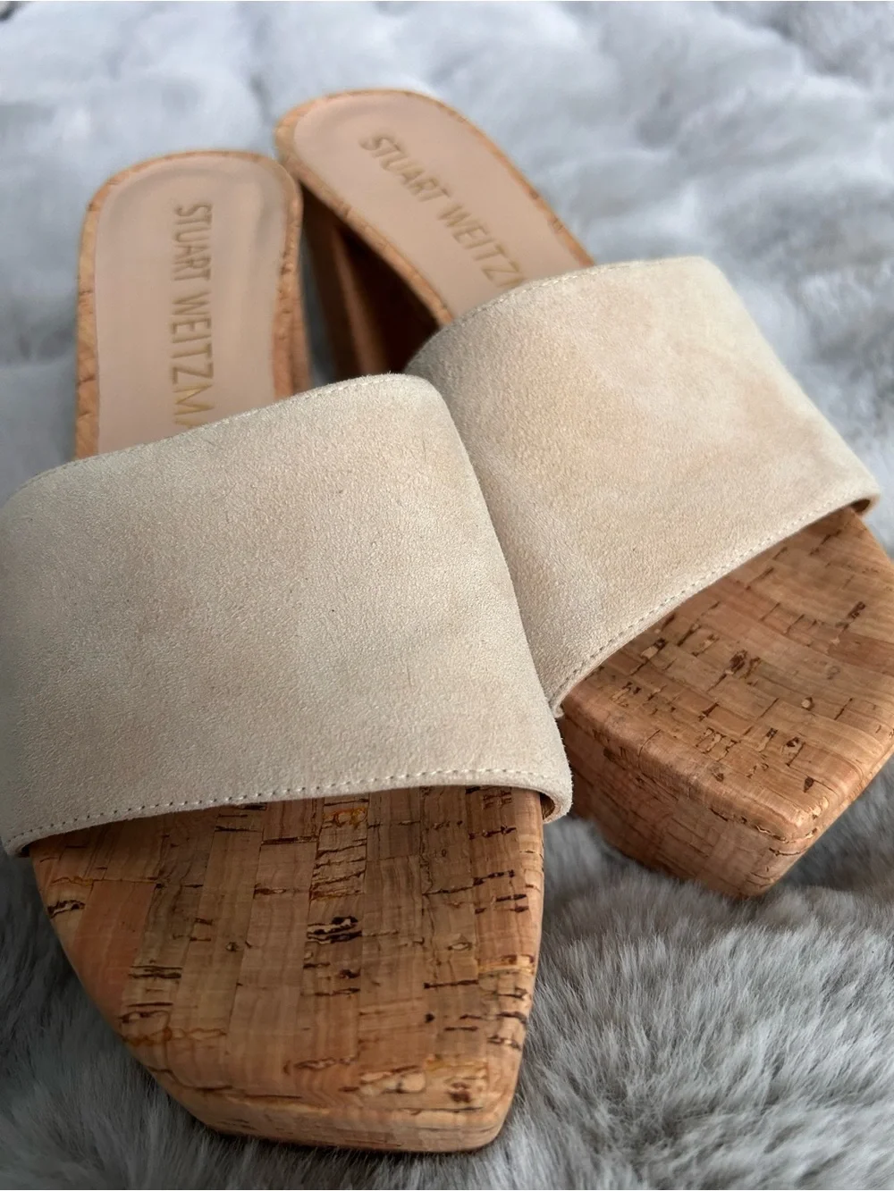 Stuart Weitzman Beige Cork Platform Sandals